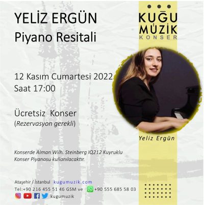 Yeliz Ergün Piyano Resitali ‐ 12 kasım 2022 Cumartesi